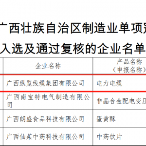 喜訊｜縱覽線纜集團榮獲“廣西壯族自治區制造業單項冠軍”稱號